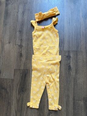 Girls' Yellow Floral Tank & Legging Matching Set with Headband